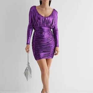 Metallic V Neck Long Sleeve Mini Dress |Elegant Purple Women's Dress